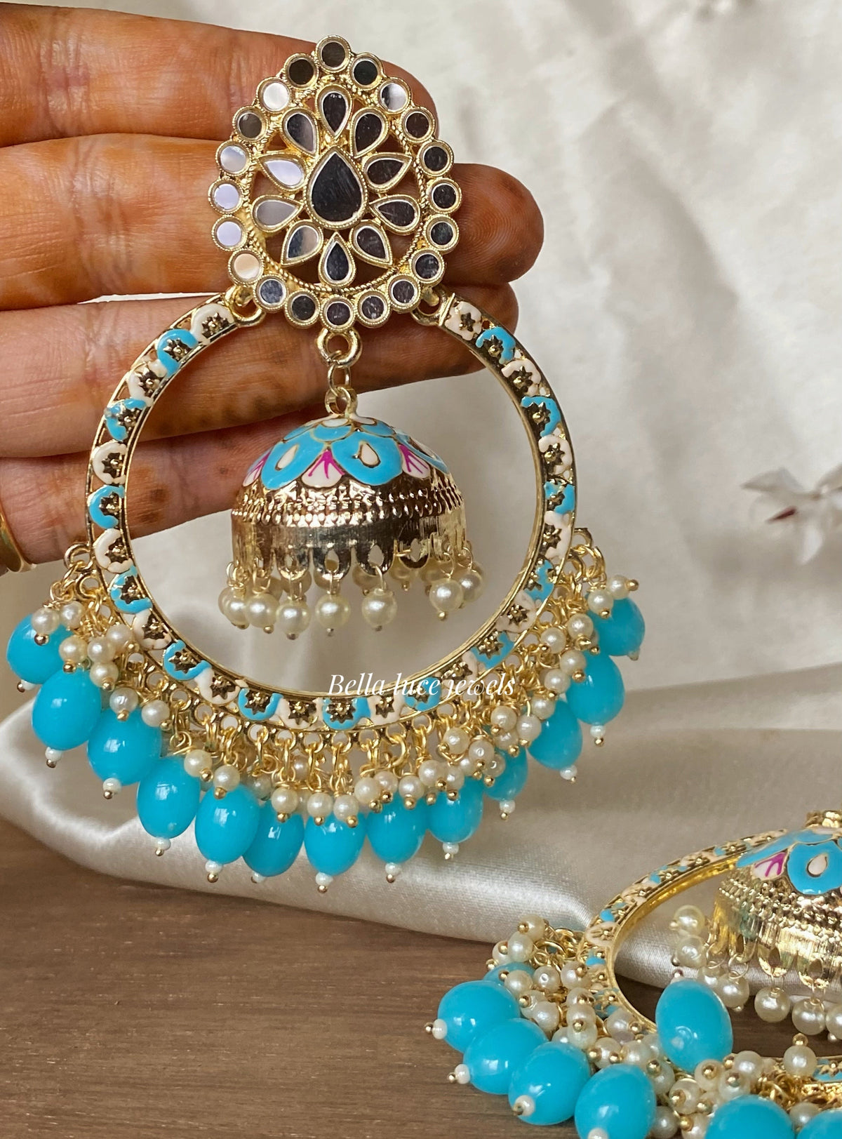 Aqua blue Soha Mirror and Meenakari Jhumka