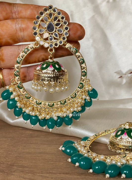 Green Soha Mirror and Meenakari Jhumka
