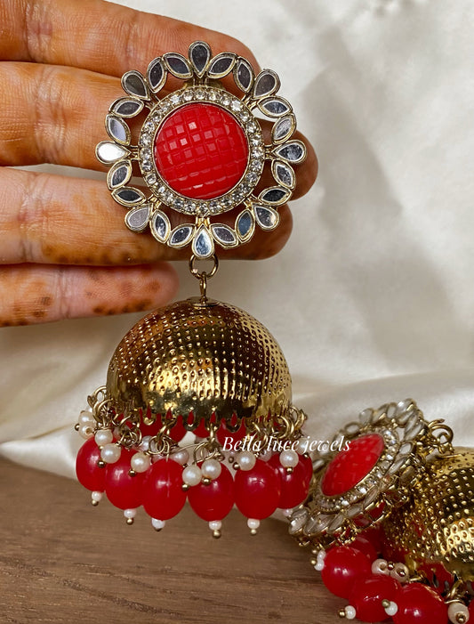 Red Malvika Mirror Jhumka