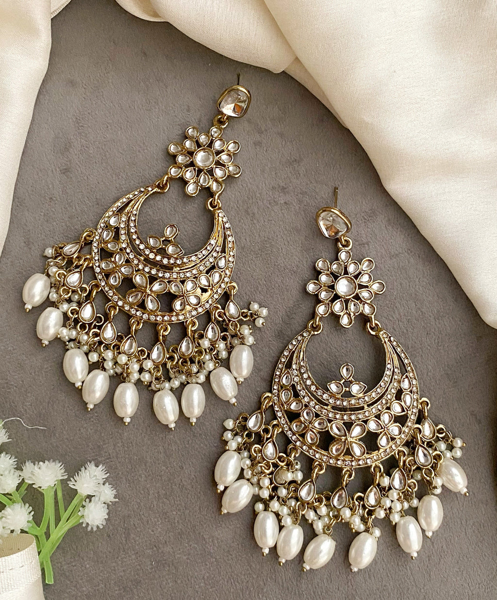 Lara white kundan chandbali earrings