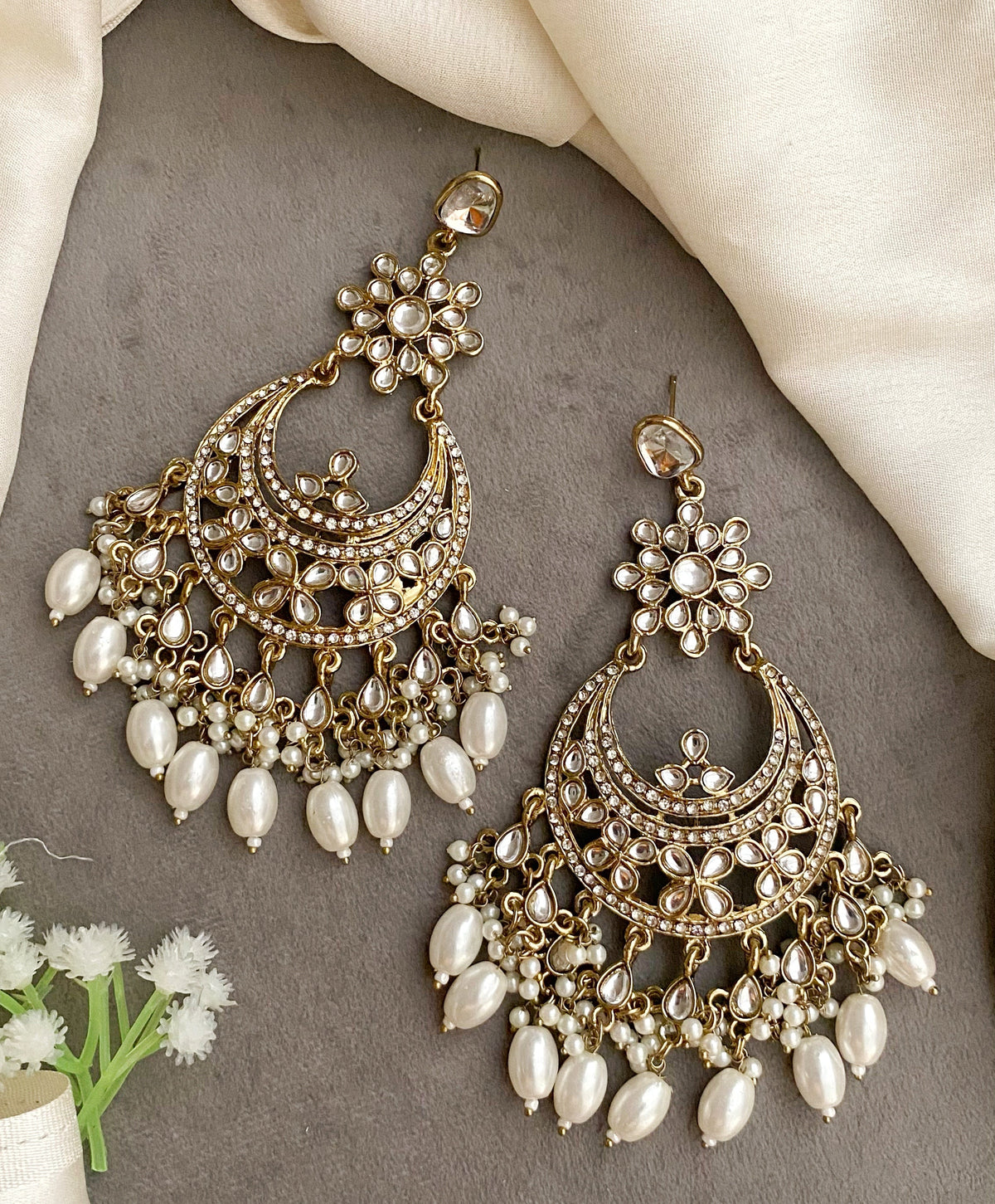 Lara white kundan chandbali earrings