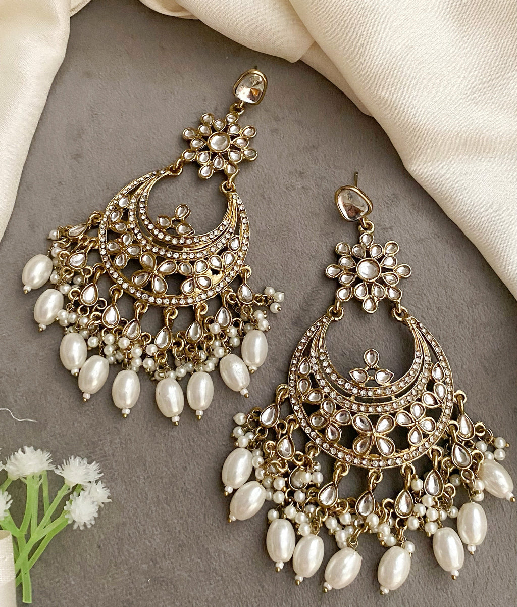Lara white kundan chandbali earrings