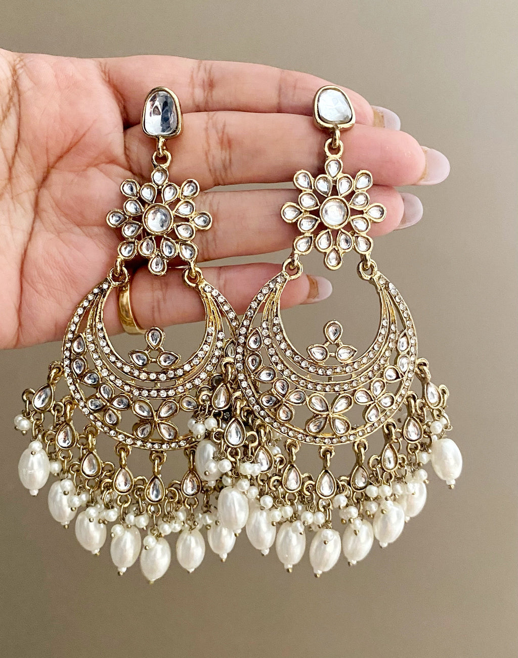 Lara white kundan chandbali earrings