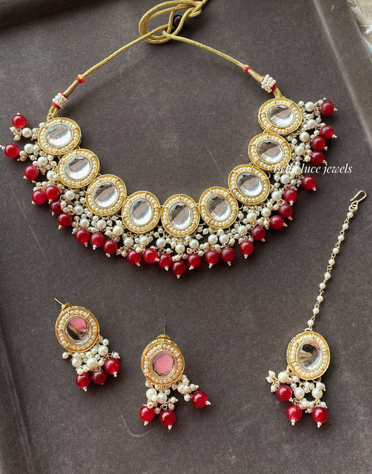 Red Rea Kundan Choker Necklace Set