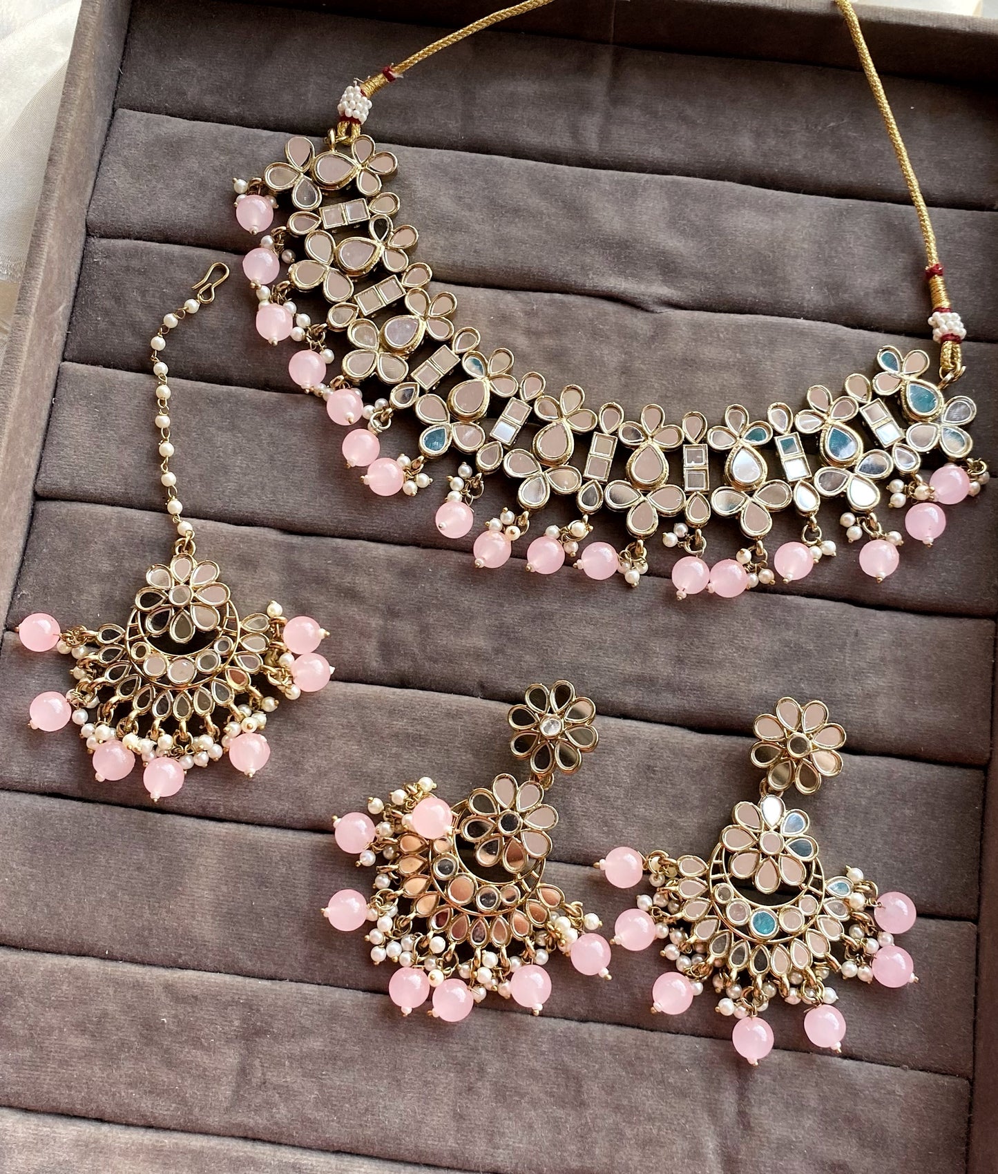 Baby pink Alka Mirror Choker Necklace Set