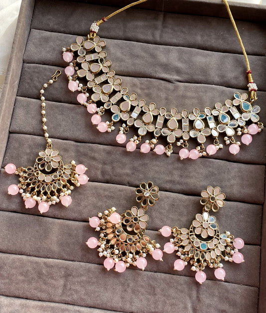 Baby pink Alka Mirror Choker Necklace Set