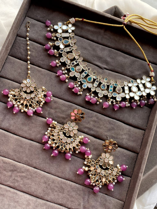Purple Alka Mirror Choker Necklace Set