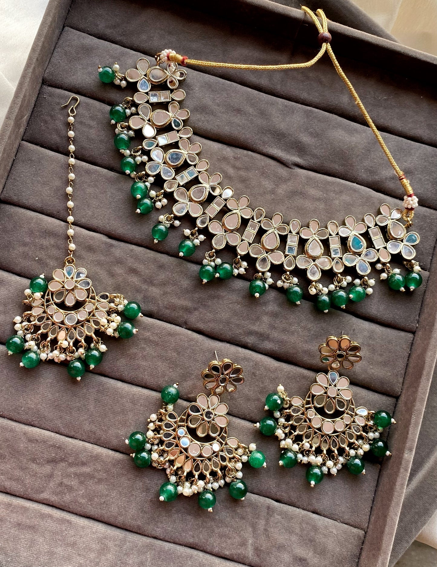 Green Alka Mirror Choker Necklace Set