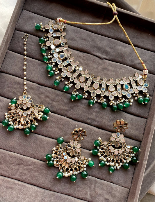Green Alka Mirror Choker Necklace Set
