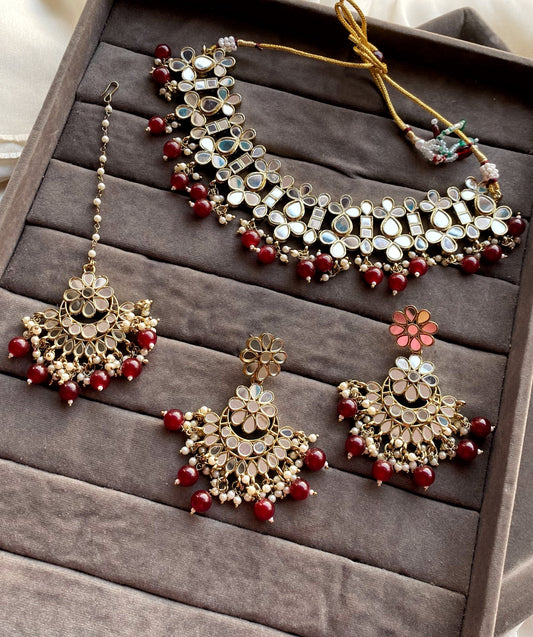 Red Alka Mirror Choker Necklace Set
