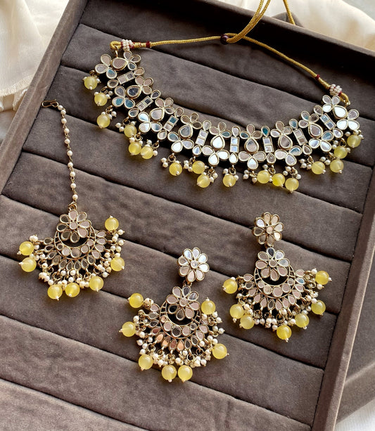 Yellow Alka Mirror Choker Necklace Set