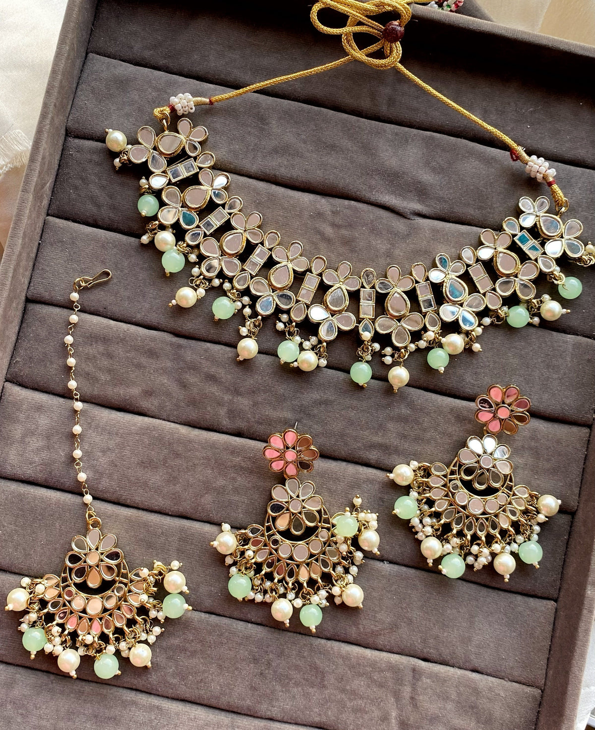 Mint Green Alka Mirror Choker Necklace Set
