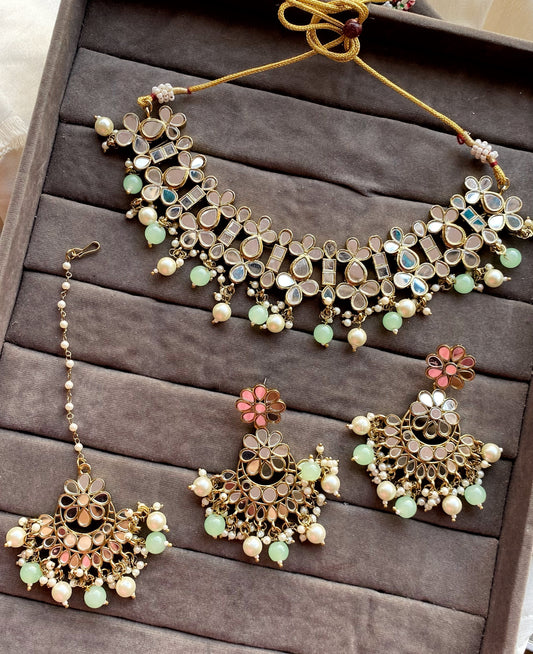 Mint Green Alka Mirror Choker Necklace Set
