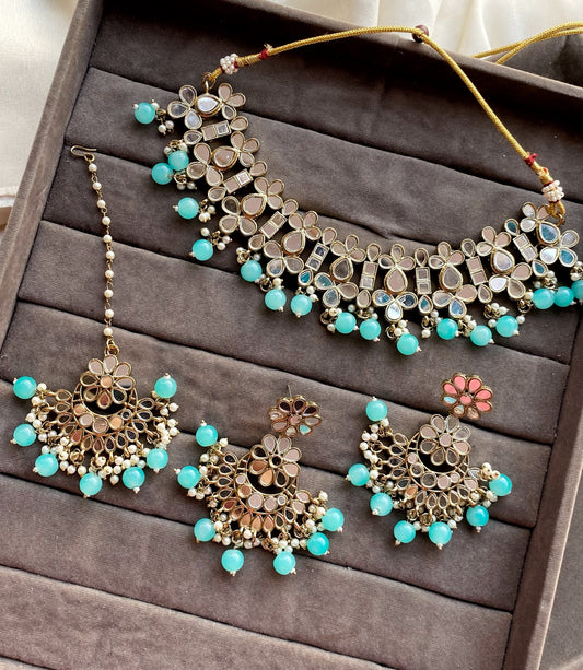Aqua Blue Alka Mirror Choker Necklace Set