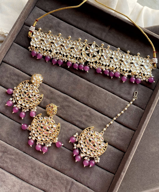 Purple Noor kundan Choker Necklace Set