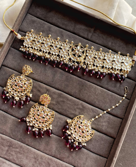 Wine Noor kundan Choker Necklace Set