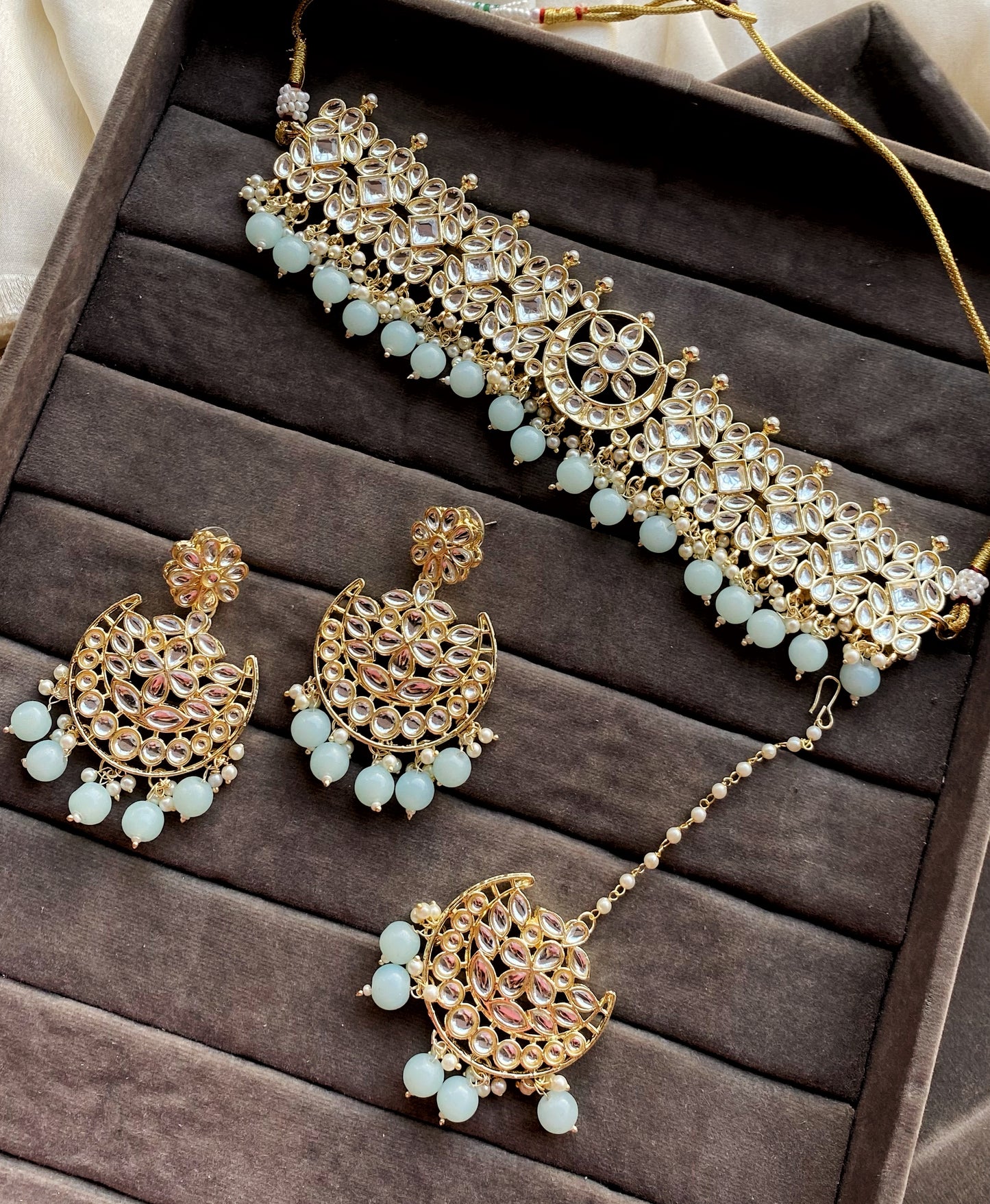 Aqua Blue Noor kundan Choker Necklace Set