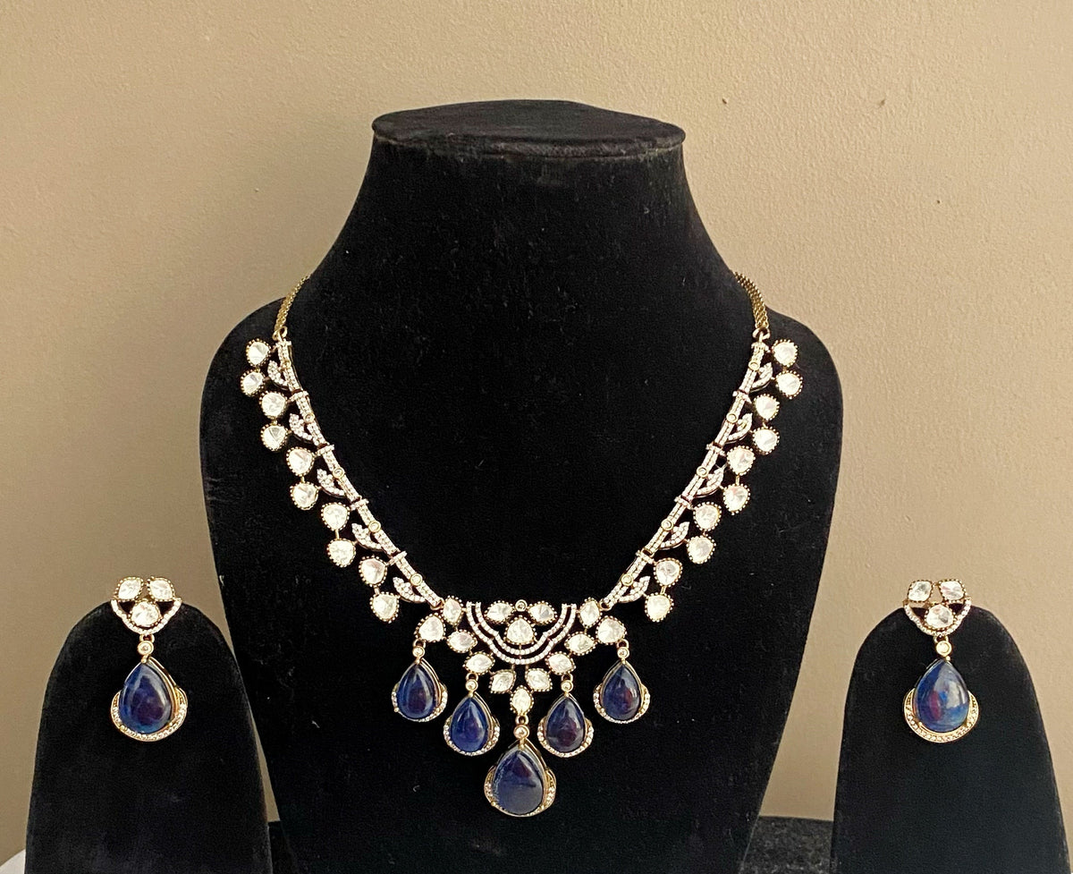 Blue Jhia mossionite Kundan necklace sets