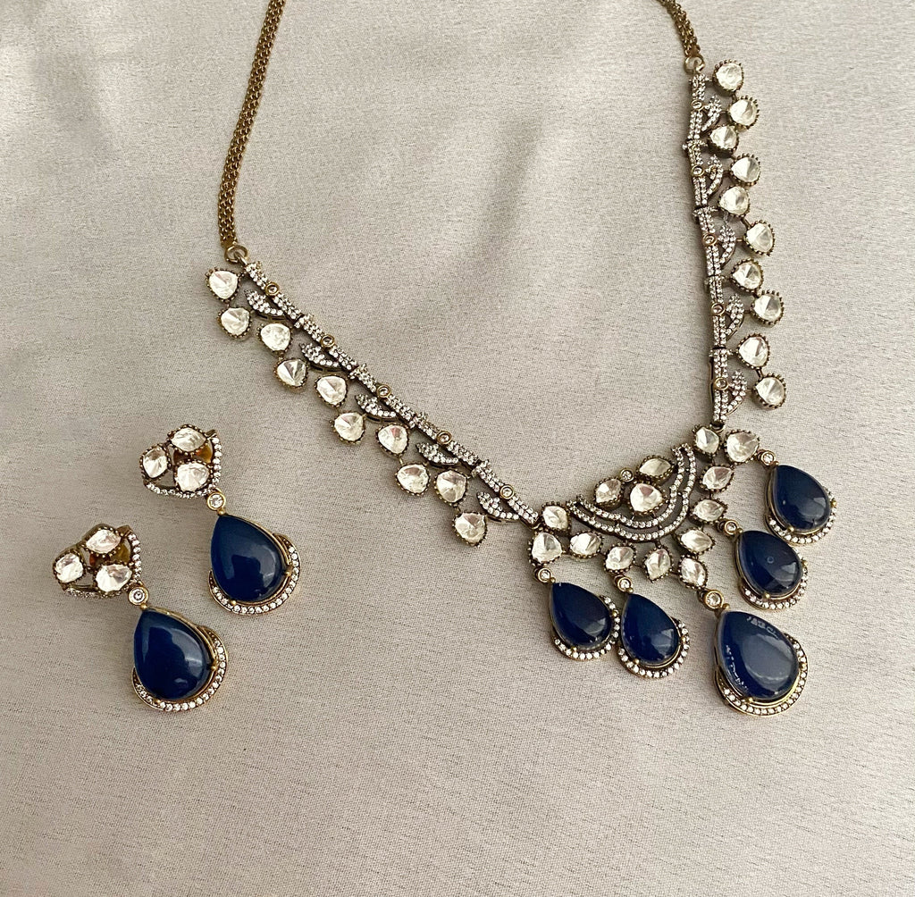 Blue Jhia mossionite Kundan necklace sets