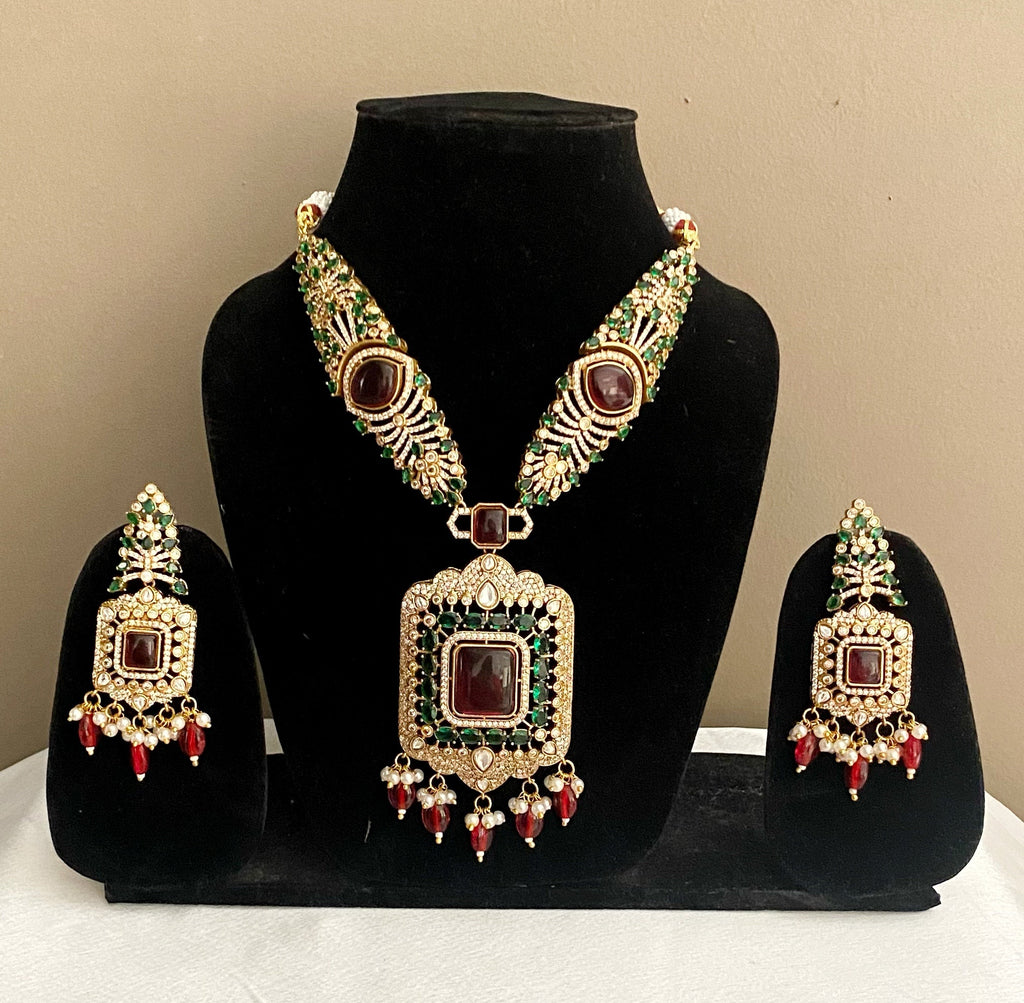 Lalita red green kundan necklace set