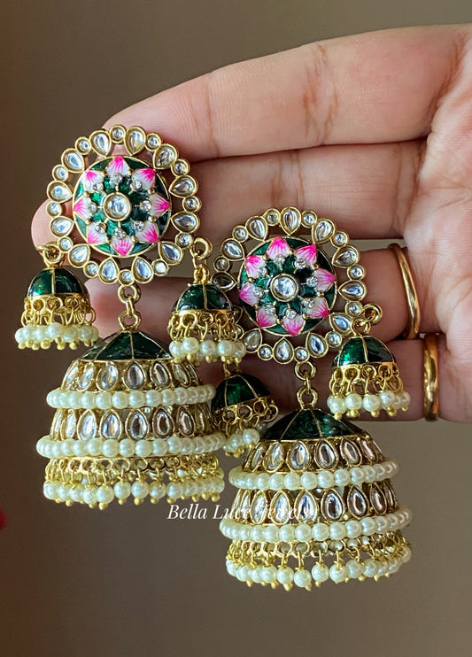 Green Vandana Designer Meenakari Jhumka