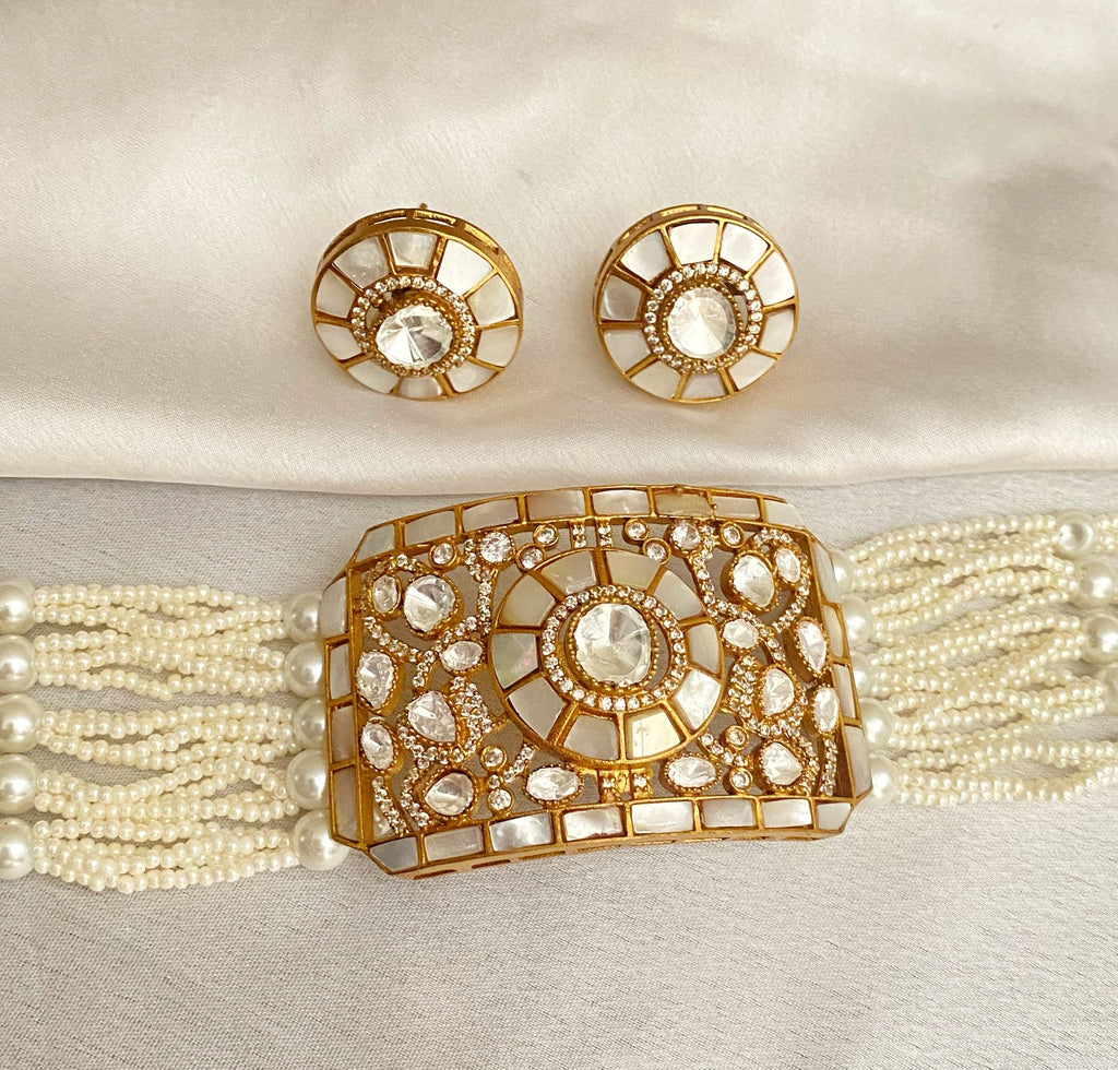 Ivory Nina mossionite kundan choker sets