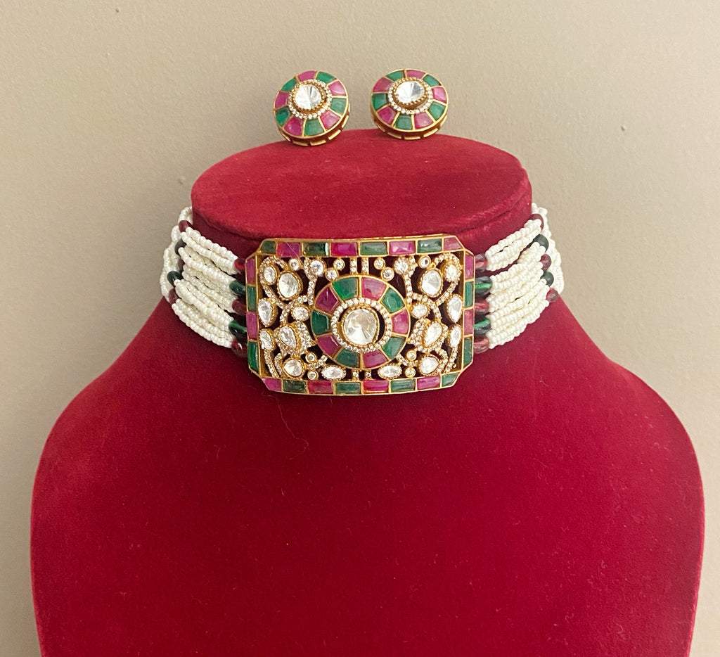 Multicolor Nina mossionite kundan choker sets