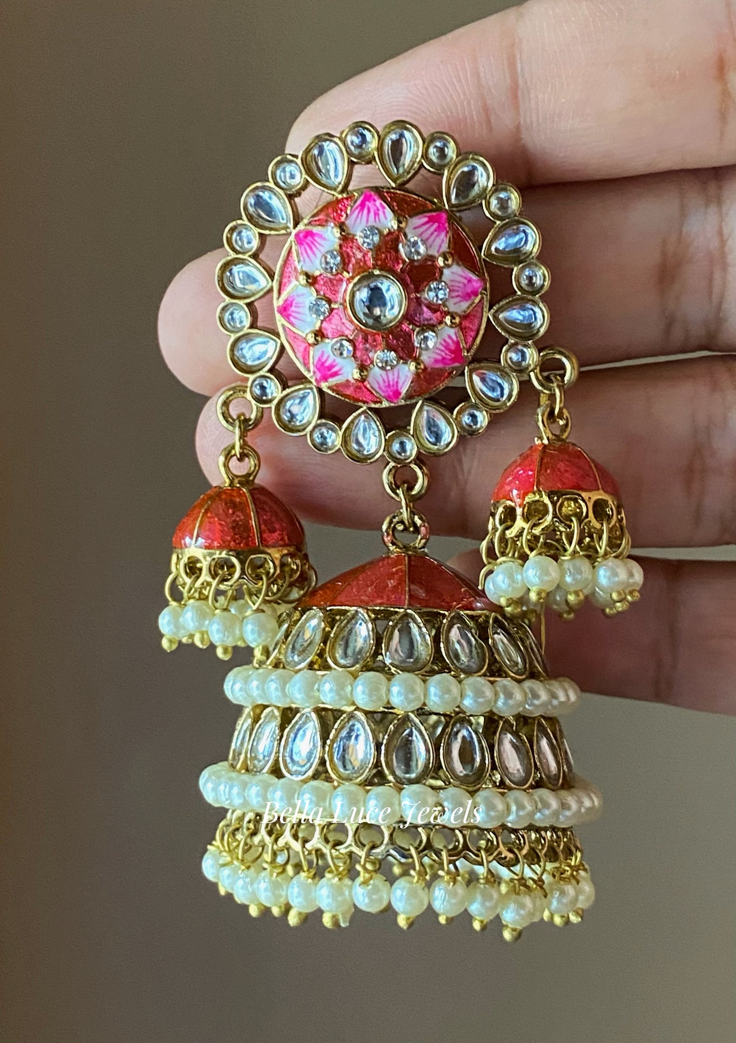 Peach Vandana Designer Meenakari Jhumka