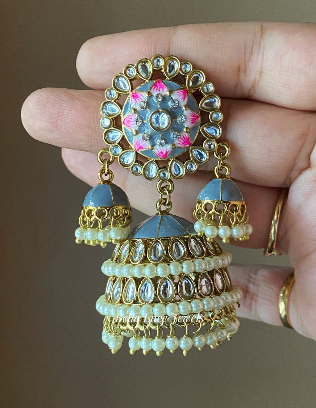 Grey Vandana Designer Meenakari Jhumka