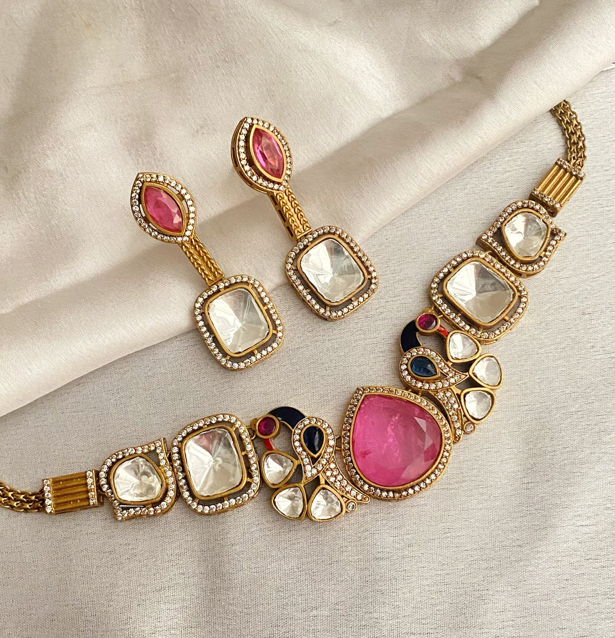 Mayur mossionite Kundan necklace set