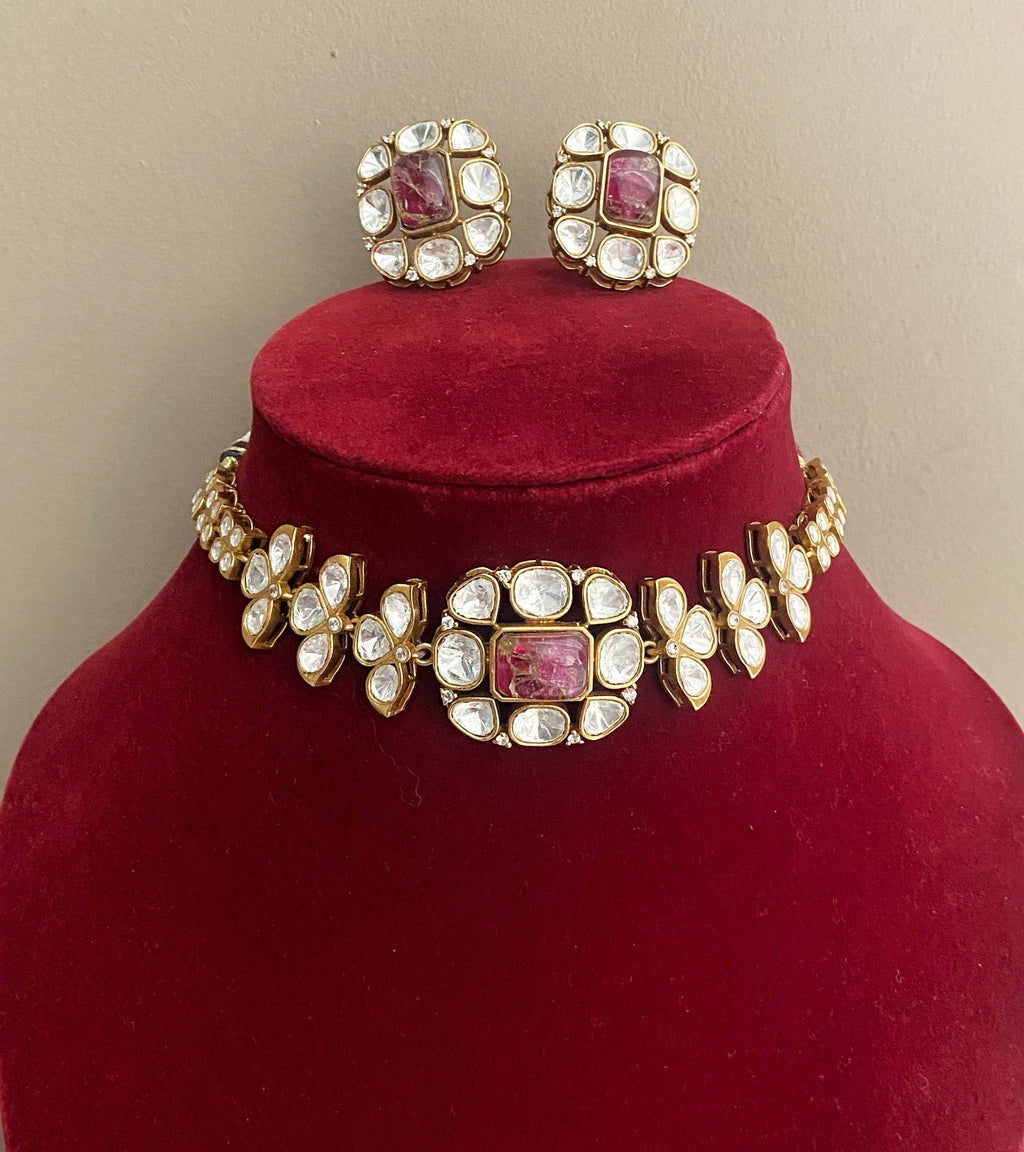 Chaaya Pink Mossionite Kundan Necklace set