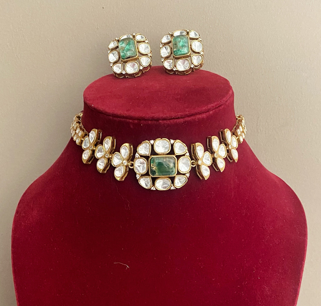 Chaaya Green Mossionite Kundan Necklace set