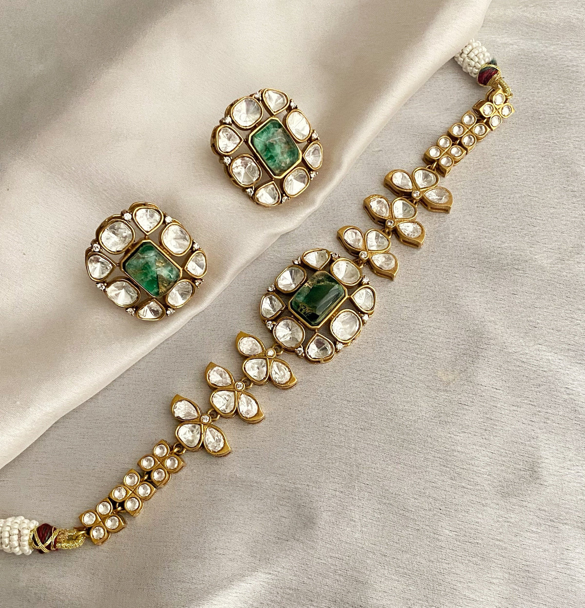 Chaaya Green Mossionite Kundan Necklace set