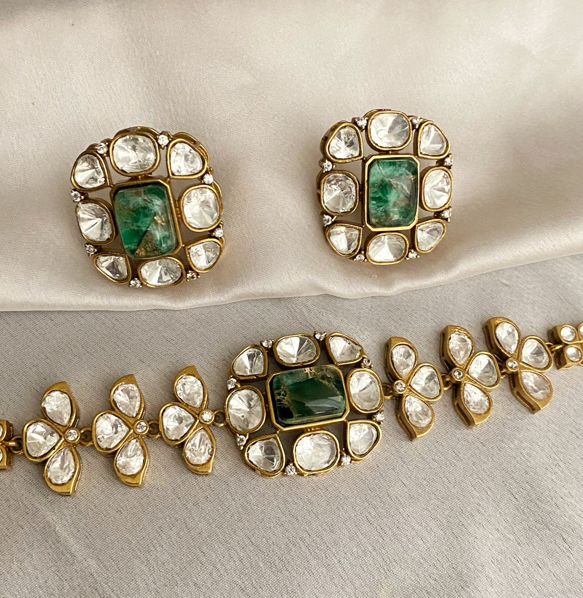 Chaaya Green Mossionite Kundan Necklace set