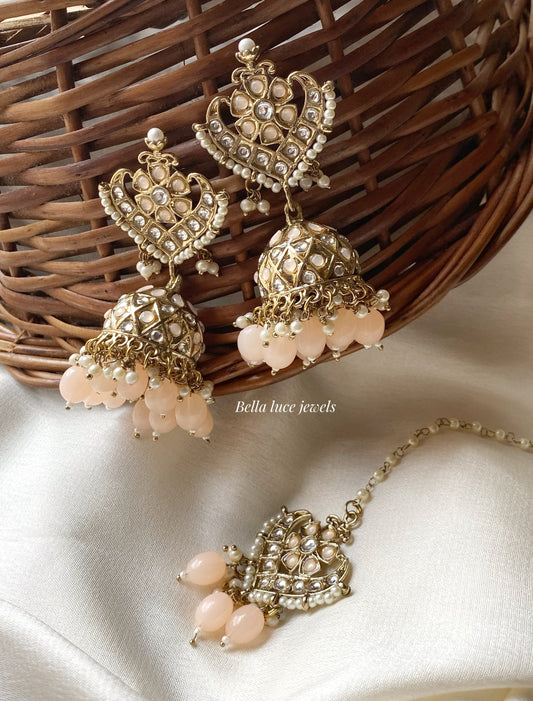 Peach Nagma Kundan Jhumka with Maangtikka