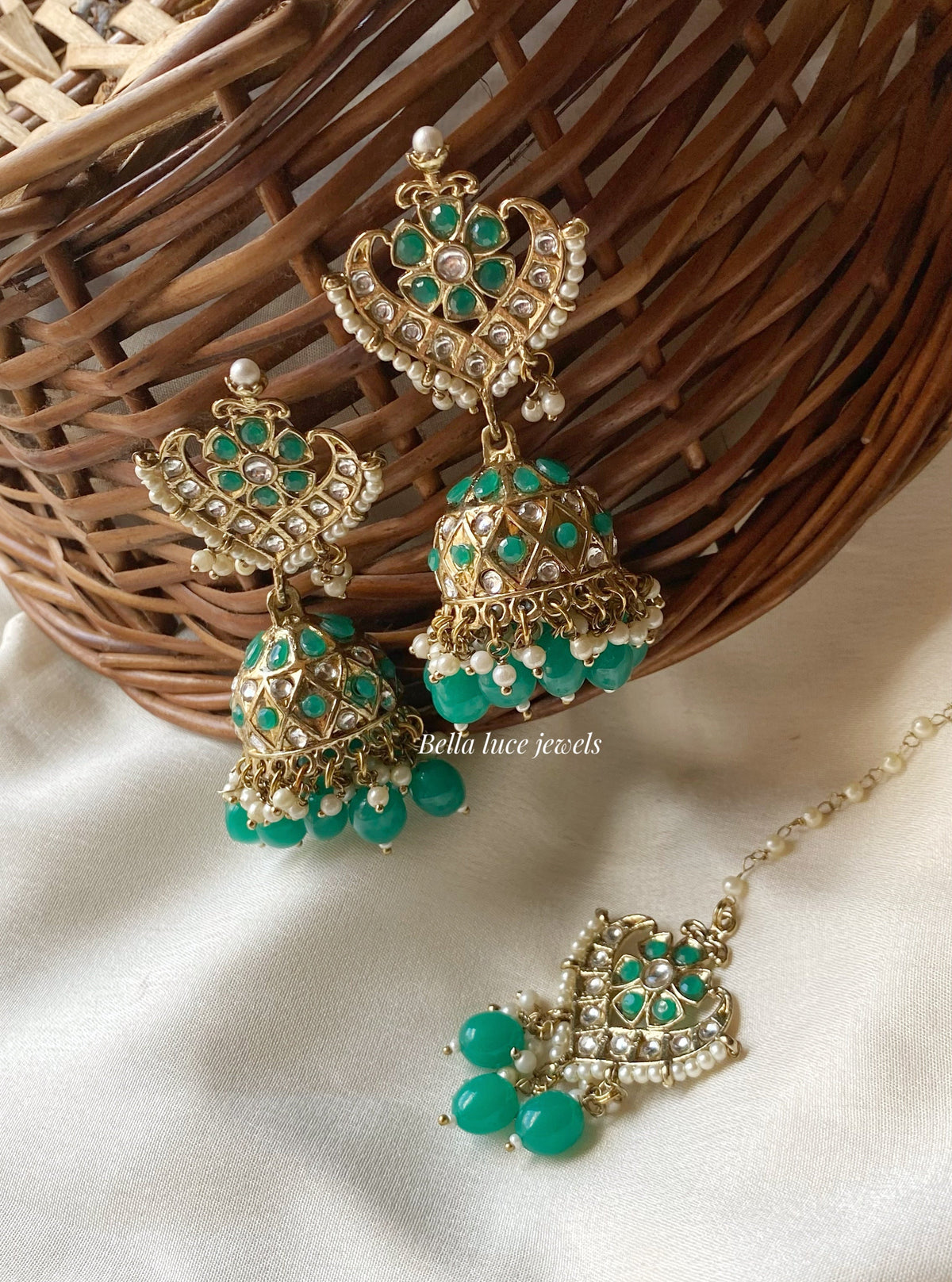 Green Nagma Kundan Jhumka with Maangtikka