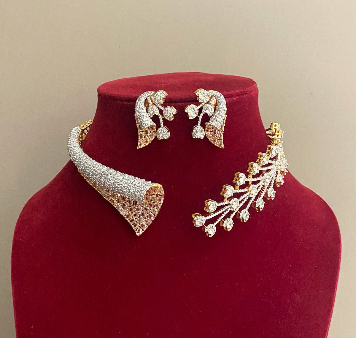 Yashika baby pink american diamond hasli necklace