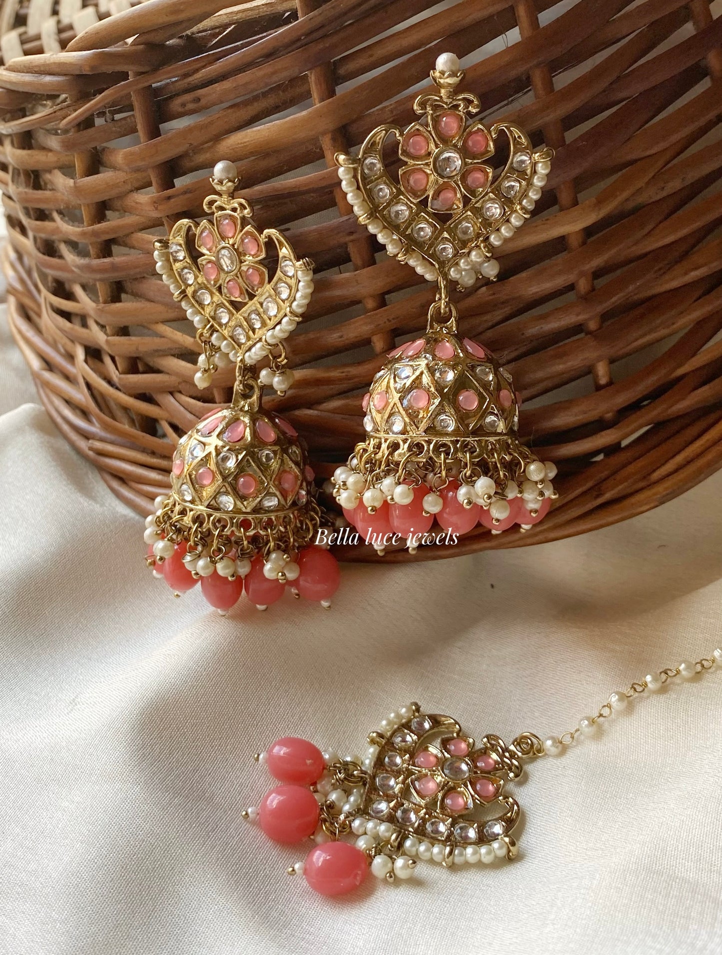 Coral Nagma Kundan Jhumka with Maangtikka