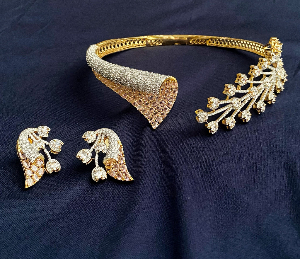 Yashika baby pink american diamond hasli necklace