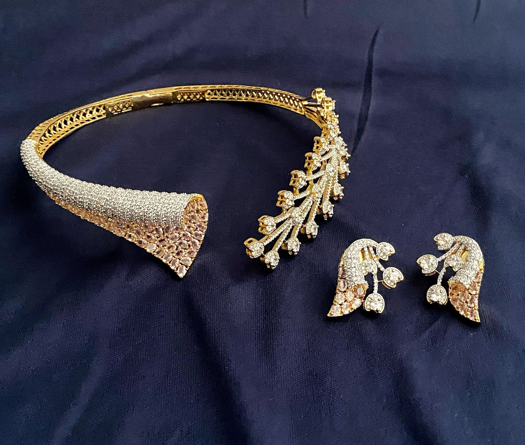 Yashika baby pink american diamond hasli necklace