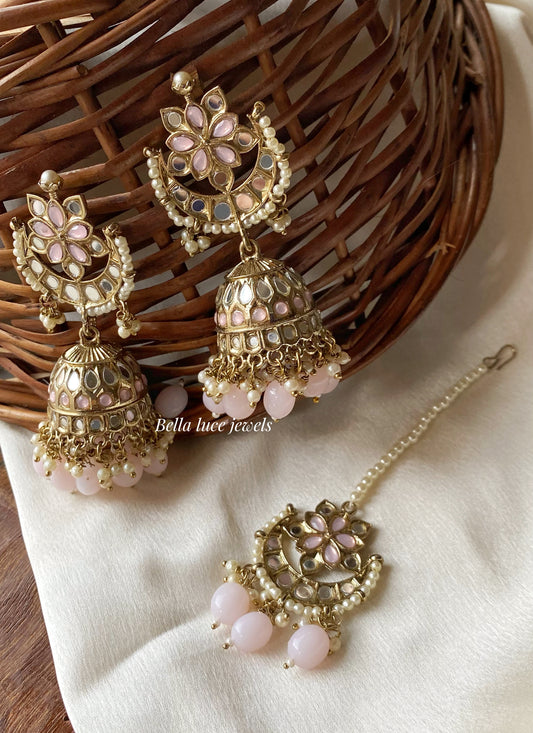 Baby Pink Geet Mirror Jhumka with Maangtikka