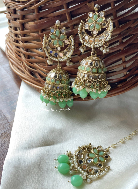Mint Green Geet Mirror Jhumka with Maangtikka