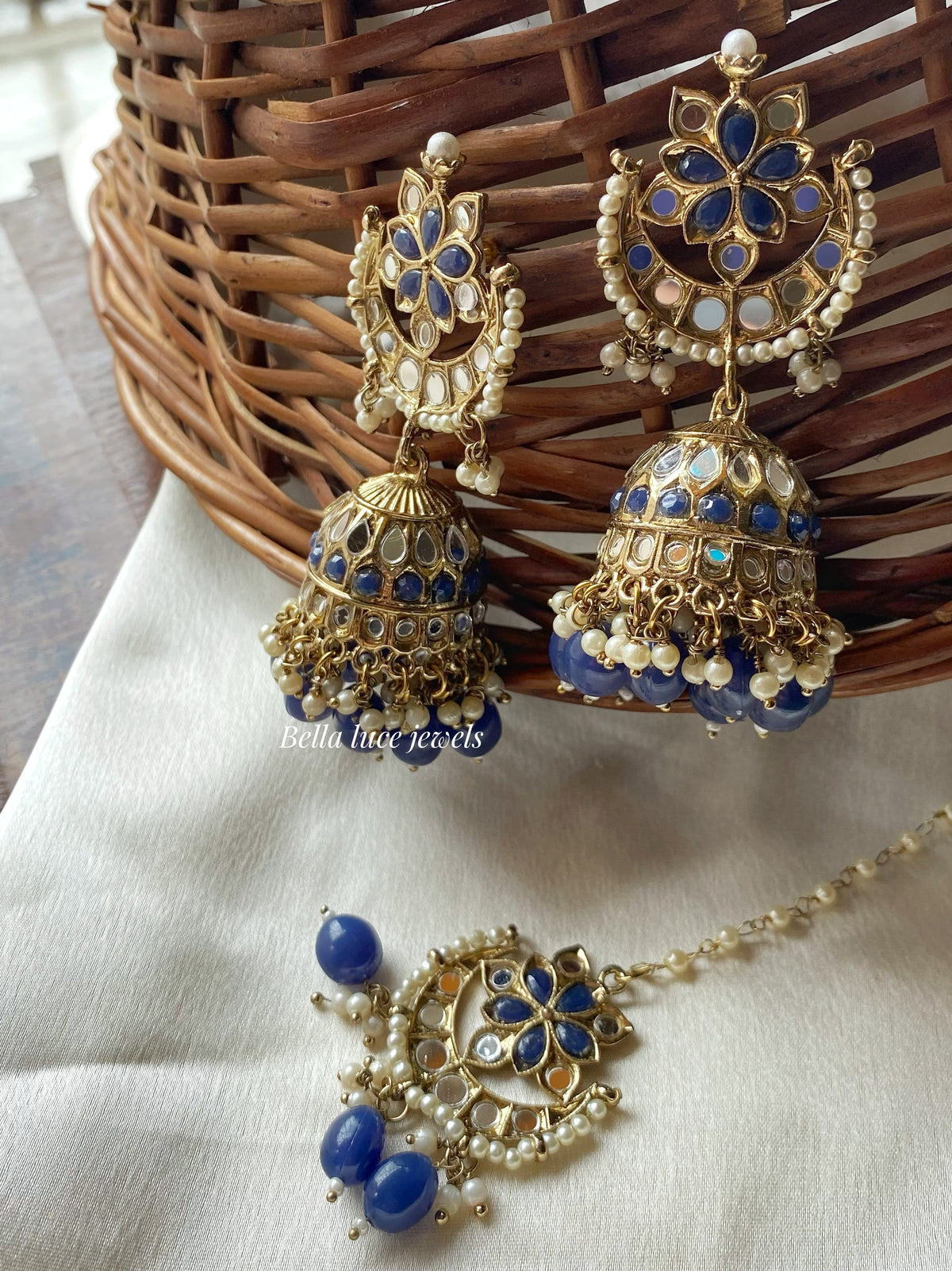Navy Blue Geet Mirror Jhumka with Maangtikka