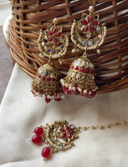 Dark Pink Geet Mirror Jhumka with Maangtikka