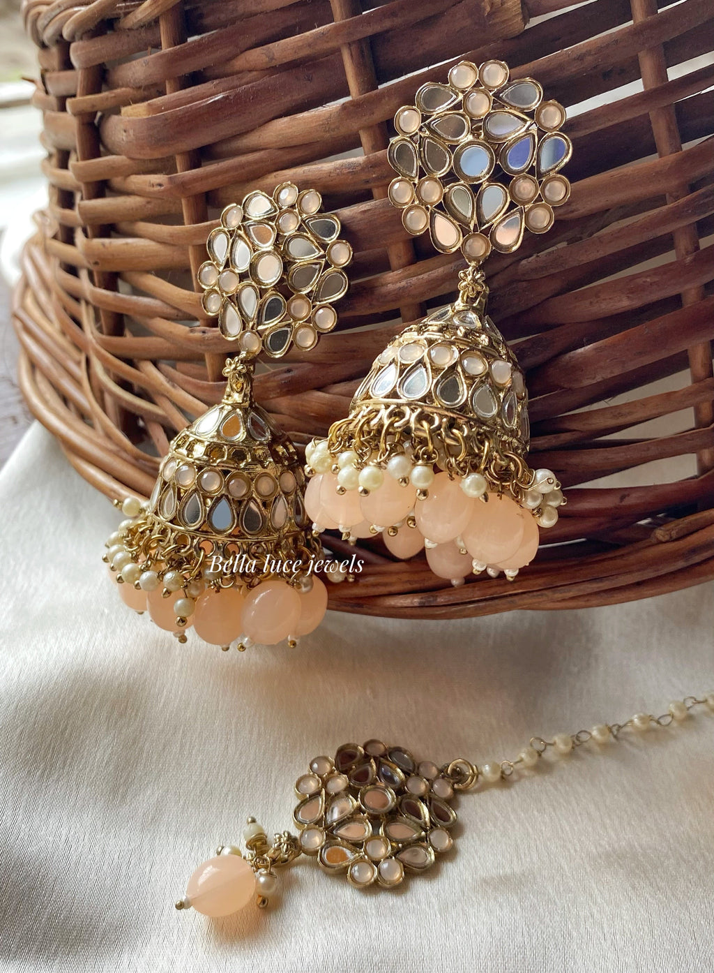 Peach Navjot Mirror Jhumka with Maangtikka