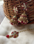 Maroon Navjot Mirror Jhumka with Maangtikka