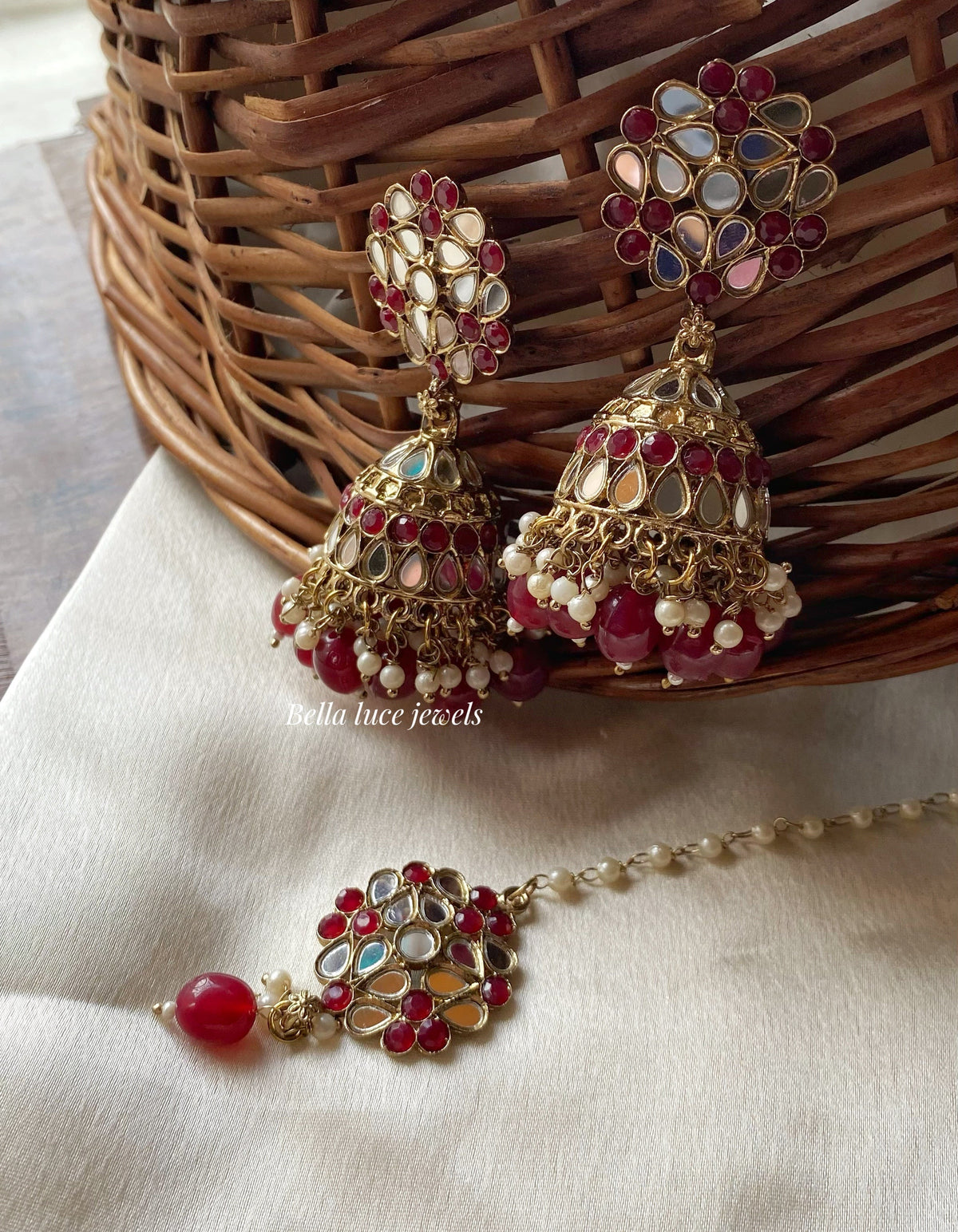 Maroon Navjot Mirror Jhumka with Maangtikka