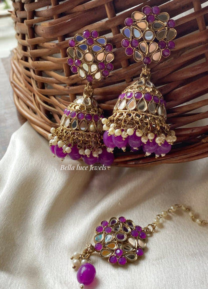 Purple Navjot Mirror Jhumka with Maangtikka