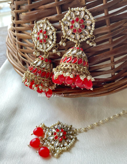 Red Heer Kundan Jhumka with Maangtikka
