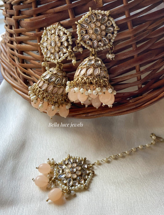 Peach Heer Kundan Jhumka with Maangtikka